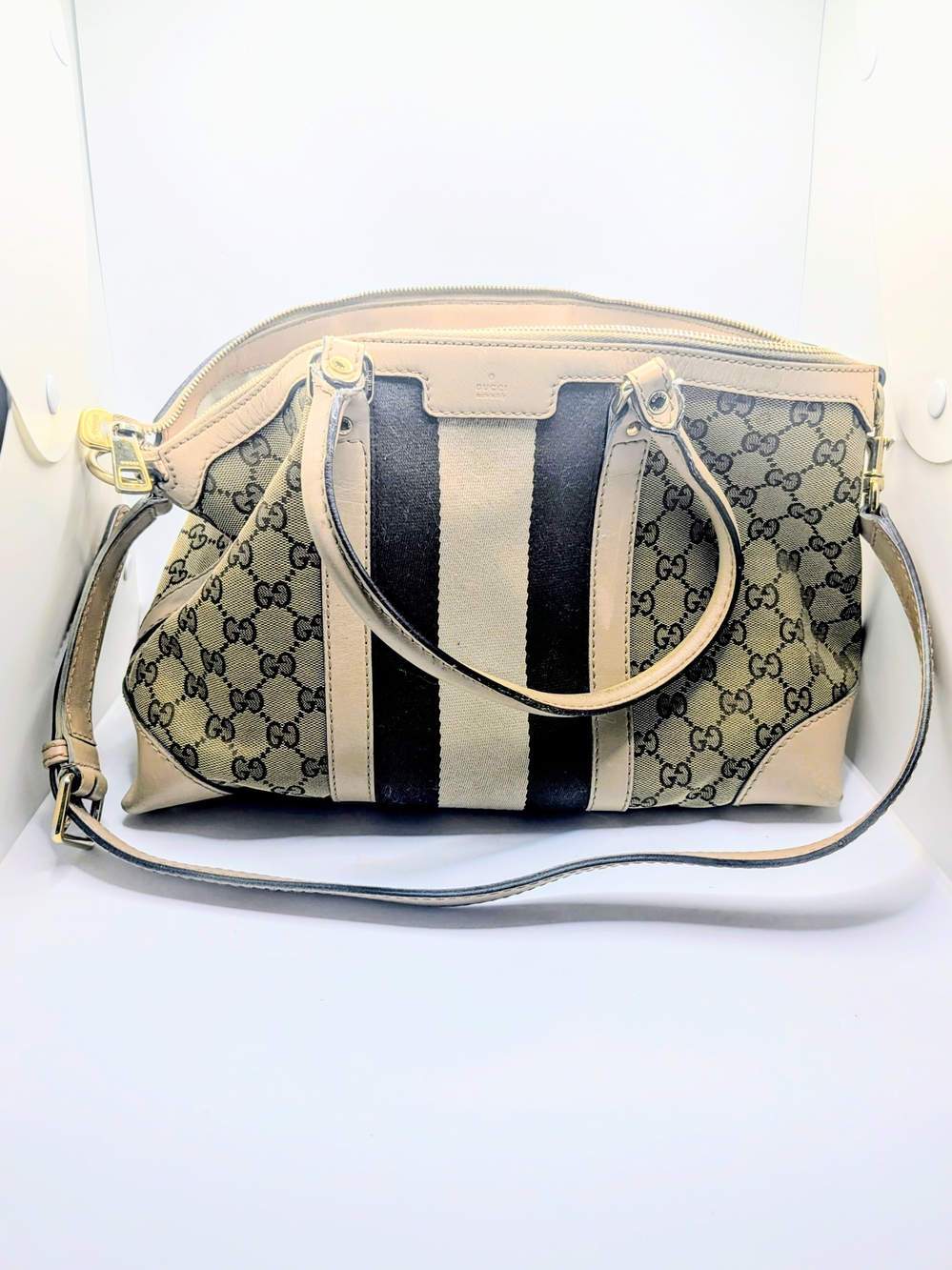 💢Pristine💢Gucci Boston Monogram Canvas Satchel with Modified Stripe